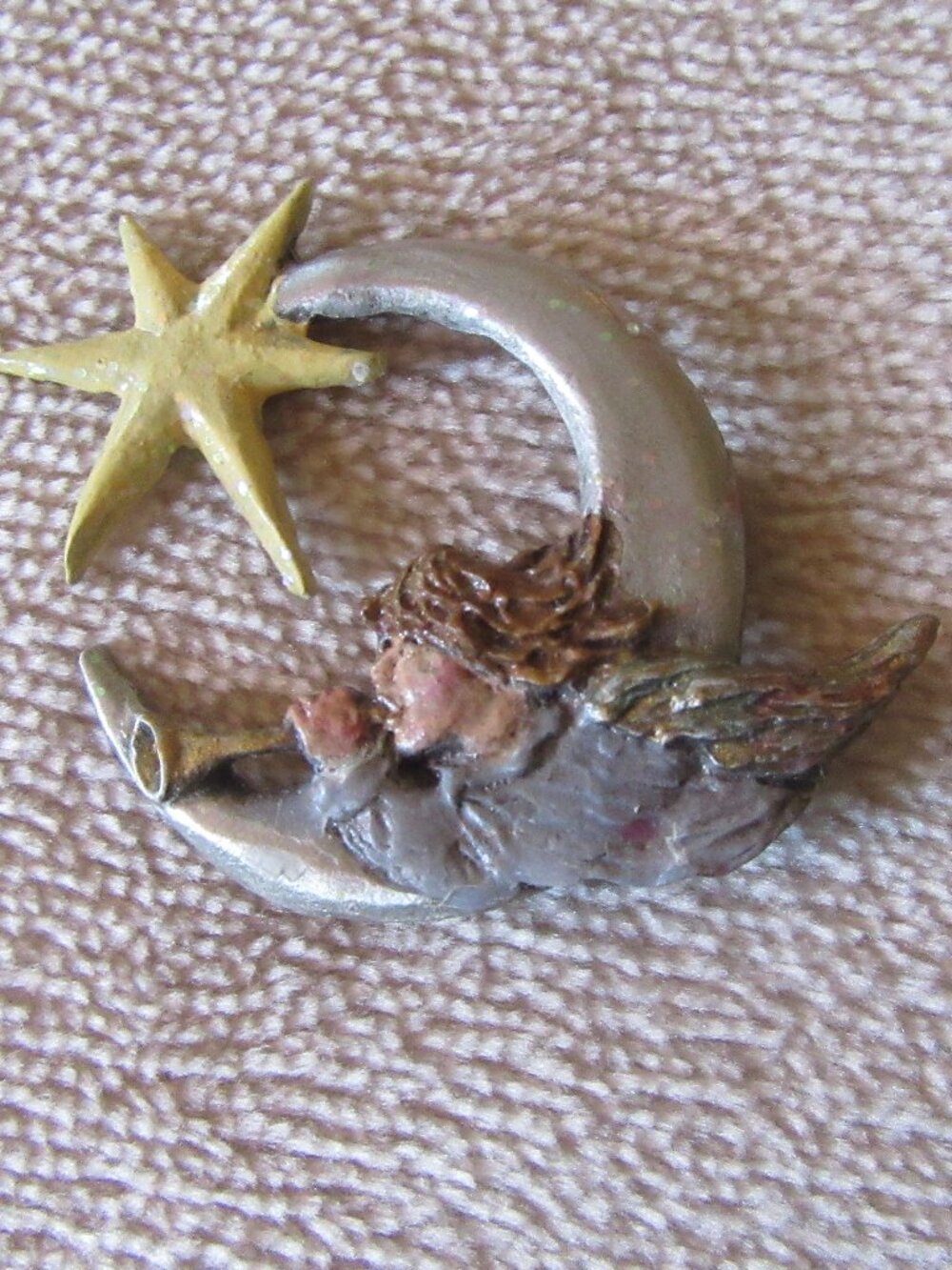 VTG 90s Carved Painted Pewter Trumpeting Angel Pin with Crescent Moon, Star